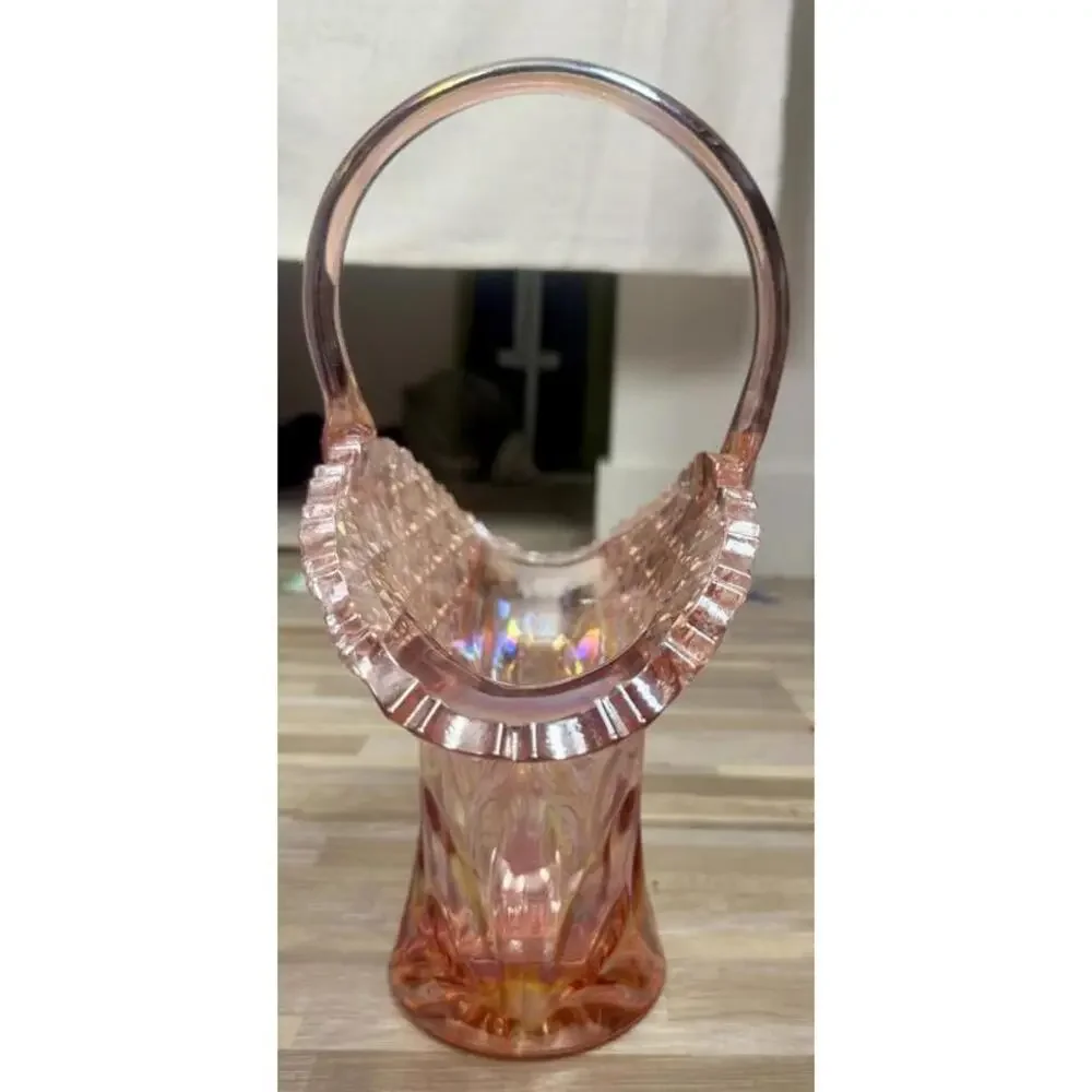 Vintage Pink Carnival Glass Basket Iridescent Hobnail Art Mid Century Decorative